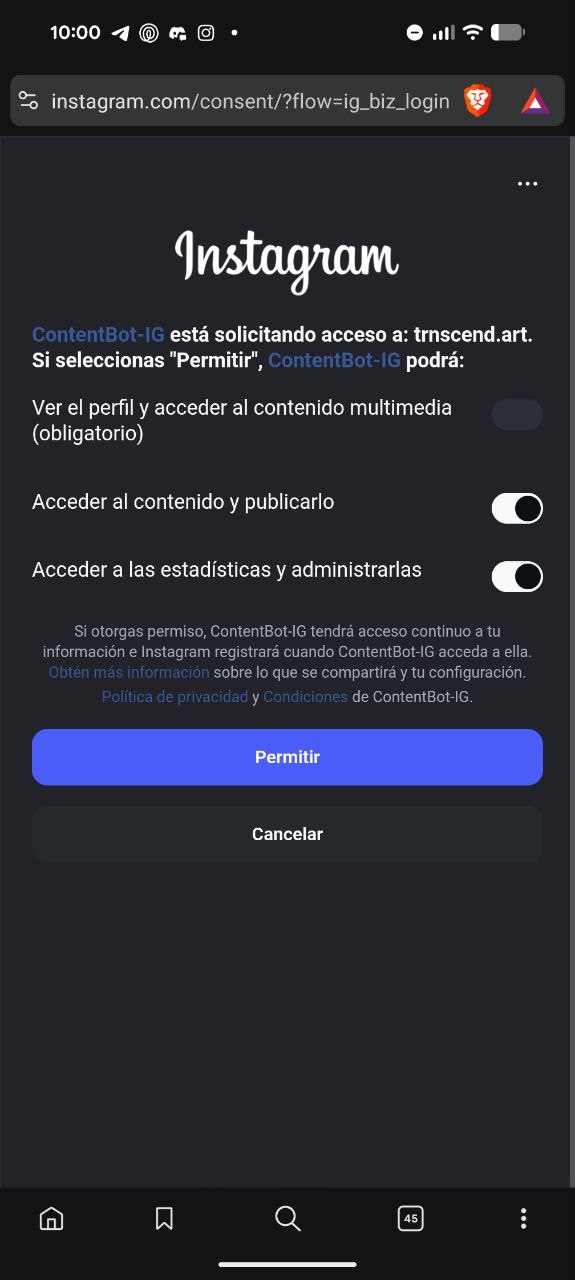 Pantalla de permisos de ContentBot-IG en Instagram